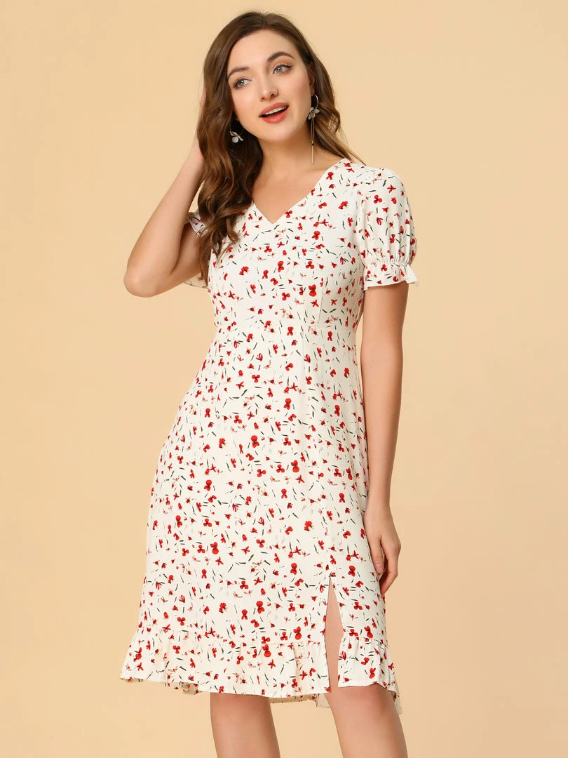 Allegra K Women's Chiffon V Neck Ruffled Vintage Floral Midi Dress 6 Allegra K Women's Chiffon V Neck Ruffled Vintage Floral Midi Dress