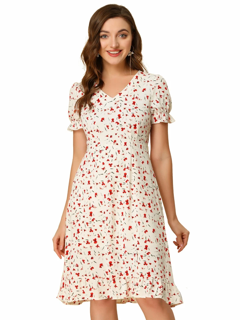 Allegra K Women's Chiffon V Neck Ruffled Vintage Floral Midi Dress 4 Allegra K Women's Chiffon V Neck Ruffled Vintage Floral Midi Dress