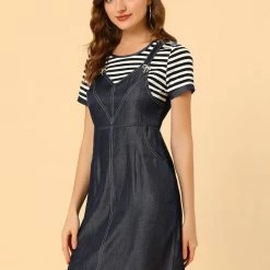 Allegra K Women's Round Neck Stripe Tops Short Sleeve Suspender Stitching Dresses