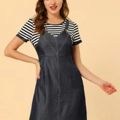 Allegra K Women's Round Neck Stripe Tops Short Sleeve Suspender Stitching Dresses