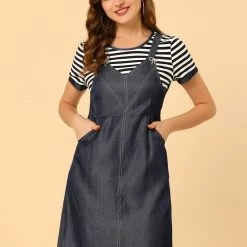 Allegra K Women's Round Neck Stripe Tops Short Sleeve Suspender Stitching Dresses