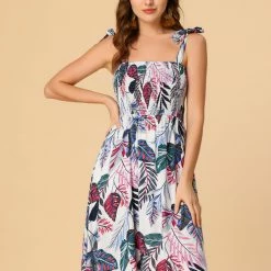Allegra K Women's Sundress Smocked High Waisted Leaves Floral Strappy Casual Beach Swing Dress