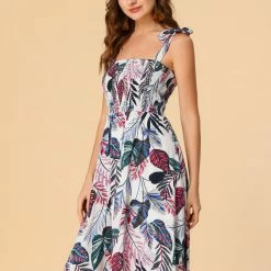Allegra K Women's Sundress Smocked High Waisted Leaves Floral Strappy Casual Beach Swing Dress
