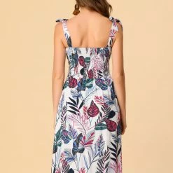 Allegra K Women's Sundress Smocked High Waisted Leaves Floral Strappy Casual Beach Swing Dress
