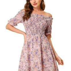 Allegra K Women's Floral Print Off Shoulder Short Sleeve Smocked Dress