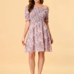 Allegra K Women's Floral Print Off Shoulder Short Sleeve Smocked Dress