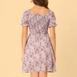 Allegra K Women's Floral Print Off Shoulder Short Sleeve Smocked Dress