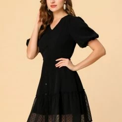 Allegra K Women's Balloon Sleeve Button Up V Neck A-Line Swiss Dots Ruffle Dress 11 Allegra K Women's Balloon Sleeve Button Up V Neck A-Line Swiss Dots Ruffle Dress