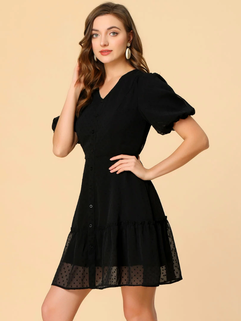 Allegra K Women's Balloon Sleeve Button Up V Neck A-Line Swiss Dots Ruffle Dress 5 Allegra K Women's Balloon Sleeve Button Up V Neck A-Line Swiss Dots Ruffle Dress