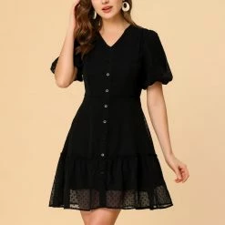 Allegra K Women's Balloon Sleeve Button Up V Neck A-Line Swiss Dots Ruffle Dress 12 Allegra K Women's Balloon Sleeve Button Up V Neck A-Line Swiss Dots Ruffle Dress