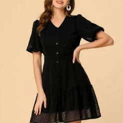 Allegra K Women's Balloon Sleeve Button Up V Neck A-Line Swiss Dots Ruffle Dress 13 Allegra K Women's Balloon Sleeve Button Up V Neck A-Line Swiss Dots Ruffle Dress