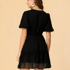 Allegra K Women's Balloon Sleeve Button Up V Neck A-Line Swiss Dots Ruffle Dress 14 Allegra K Women's Balloon Sleeve Button Up V Neck A-Line Swiss Dots Ruffle Dress