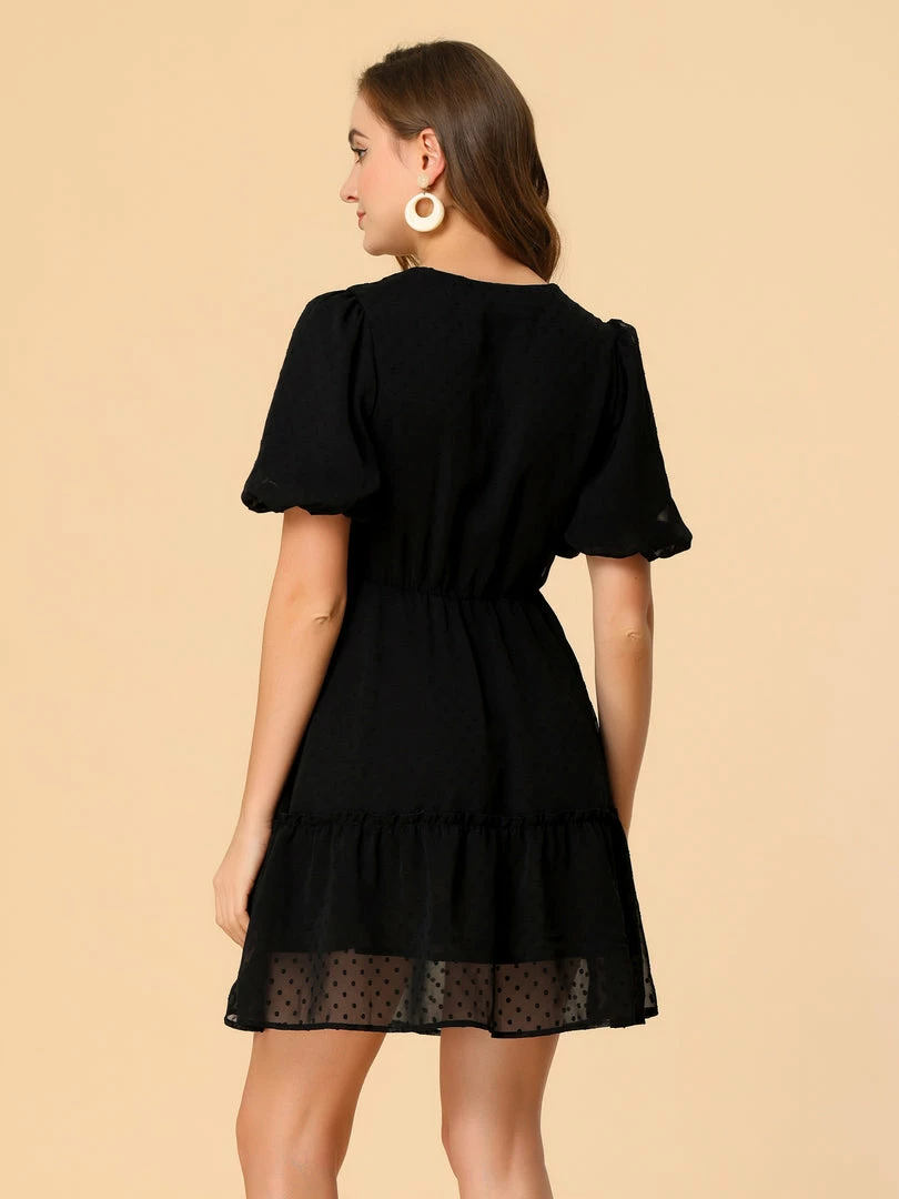 Allegra K Women's Balloon Sleeve Button Up V Neck A-Line Swiss Dots Ruffle Dress 8 Allegra K Women's Balloon Sleeve Button Up V Neck A-Line Swiss Dots Ruffle Dress