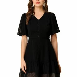 Allegra K Women's Balloon Sleeve Button Up V Neck A-Line Swiss Dots Ruffle Dress