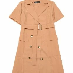 Allegra K Women's Solid Double-Breasted Turn-Down Collar Casual Work Belted Dress