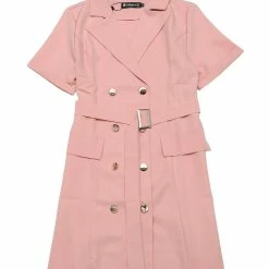 Allegra K Women's Solid Double-Breasted Turn-Down Collar Casual Work Belted Dress