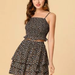 Allegra K Women's Summer 2 Piece Outfit Dress Cami Crop Top Tiered Floral Skirt Set