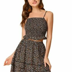 Allegra K Women's Summer 2 Piece Outfit Dress Cami Crop Top Tiered Floral Skirt Set