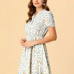 Allegra K Women's Floral Print Ruffle V Neck Button Up Dress