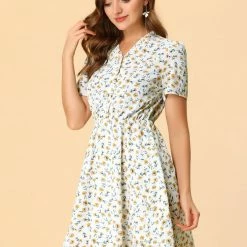 Allegra K Women's Floral Print Ruffle V Neck Button Up Dress