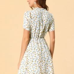 Allegra K Women's Floral Print Ruffle V Neck Button Up Dress