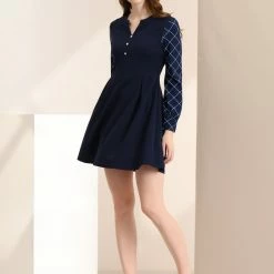 Allegra K Women's Elegant V Neck Long Sleeve Plaid Panel Fit And Flare Dress