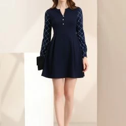 Allegra K Women's Elegant V Neck Long Sleeve Plaid Panel Fit And Flare Dress