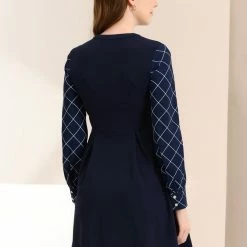 Allegra K Women's Elegant V Neck Long Sleeve Plaid Panel Fit And Flare Dress