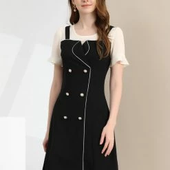 Allegra K Women's Contrast Button Decor Short Sleeve Chiffon Summer Dress