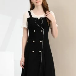 Allegra K Women's Contrast Button Decor Short Sleeve Chiffon Summer Dress