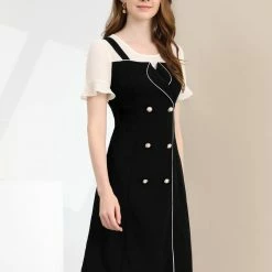 Allegra K Women's Contrast Button Decor Short Sleeve Chiffon Summer Dress