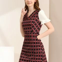 Allegra K Women's Doll Collar Plaid Chiffon Short Sleeve Dress 13 Allegra K Women's Doll Collar Plaid Chiffon Short Sleeve Dress