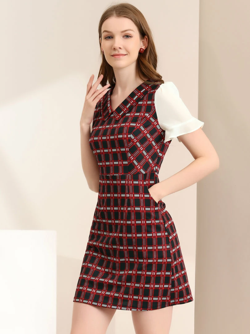 Allegra K Women's Doll Collar Plaid Chiffon Short Sleeve Dress 7 Allegra K Women's Doll Collar Plaid Chiffon Short Sleeve Dress