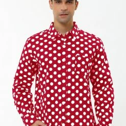 Allegra K Tops Men's Polka Dots Long Sleeve Slim Fit Printed Dress Button Down Shirt