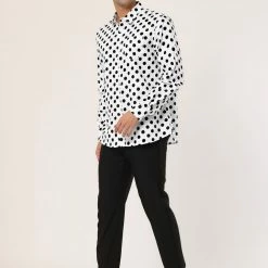 Allegra K Tops Men's Polka Dots Long Sleeve Slim Fit Printed Dress Button Down Shirt