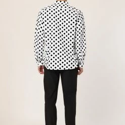 Allegra K Tops Men's Polka Dots Long Sleeve Slim Fit Printed Dress Button Down Shirt