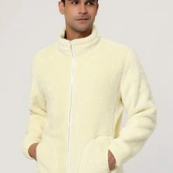 Allegra K Men's Winter Solid Color Long Sleeved Full-Zip Sherpa Fleece Jacket
