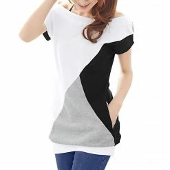 Allegra K Boat Neck Batwing Sleeves Color Block Tunic Top