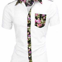 Allegra K 1310 8838 Men Summer Floral Print Pocket Short Sleeve Button Down Hawaiian Shirt