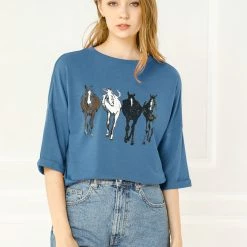 Allegra K Drop Shoulder 3/4 Sleeves Horse Print Loose Top