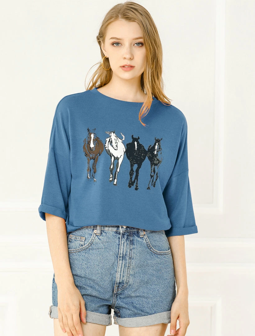 Allegra K Drop Shoulder 3/4 Sleeves Horse Print Loose Top 4 Allegra K Drop Shoulder 3/4 Sleeves Horse Print Loose Top