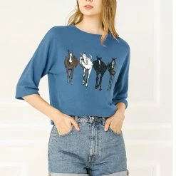 Allegra K Drop Shoulder 3/4 Sleeves Horse Print Loose Top 52 Allegra K Drop Shoulder 3/4 Sleeves Horse Print Loose Top