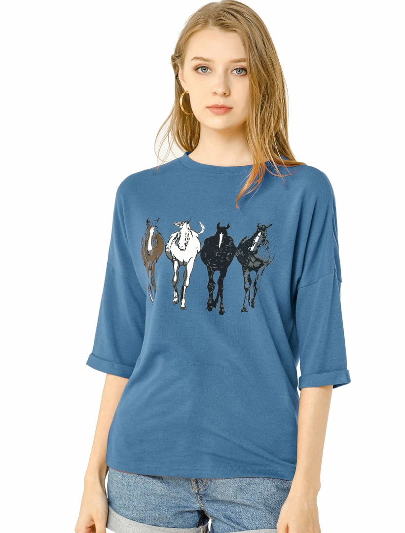 Allegra K Drop Shoulder 3/4 Sleeves Horse Print Loose Top 3 Allegra K Drop Shoulder 3/4 Sleeves Horse Print Loose Top
