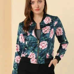Allegra K 8127 Women Stand Collar Zip Up Floral Prints Bomber Jacket