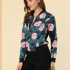 Allegra K 8127 Women Stand Collar Zip Up Floral Prints Bomber Jacket