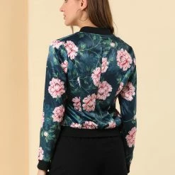 Allegra K 8127 Women Stand Collar Zip Up Floral Prints Bomber Jacket