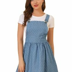 Allegra K 65055 Women Dots Pattern Adjustable Shoulder Straps Mini Overall Dress