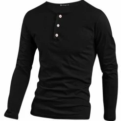 Allegra K 1016 7531 Men Casual Slim Fit Tunic Button Down Long Sleeve Henley Tee T Shirts