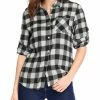 Women Allegra K Plaids Roll Up Sleeves Buttoned Boyfriend Shirt