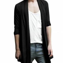 Allegra K C50 Men Shawl Collar Open Front Pockets High-Low Hem Long Cardigan